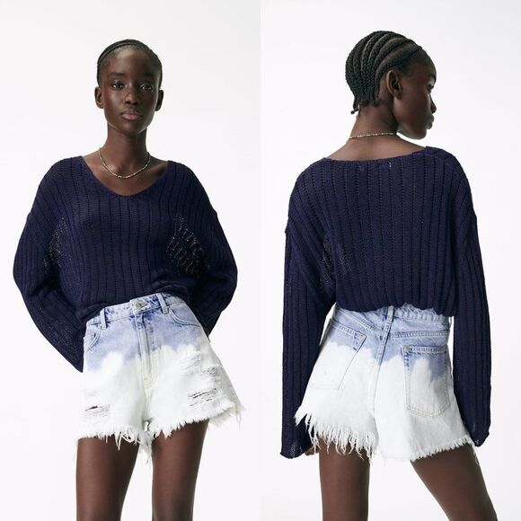 NWT Zara light wash blue denim bleach dip dye cut off distressed jean shorts - Picture 1 of 6